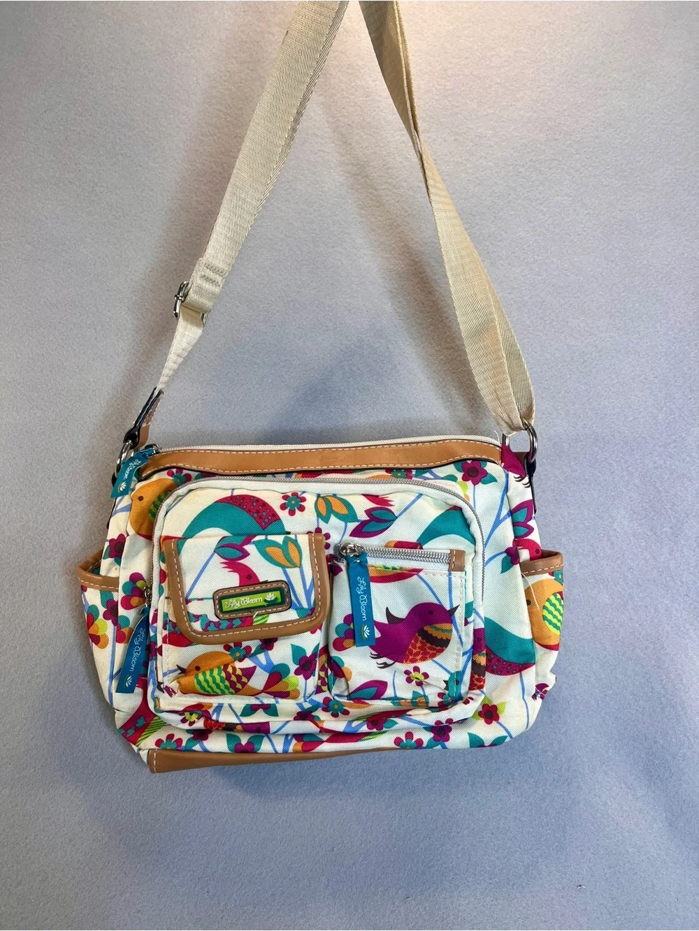 Lily Bloom Regina Crossbody Bag Colorful Birds Mid Size Multi Zip Pockets